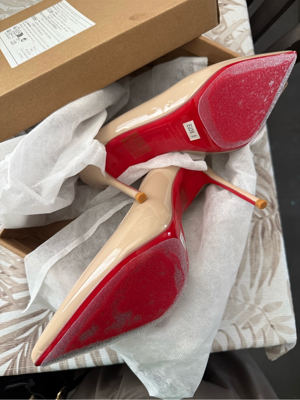 Nude Patent Pointed-Toe Stiletto Heels with Red Soles